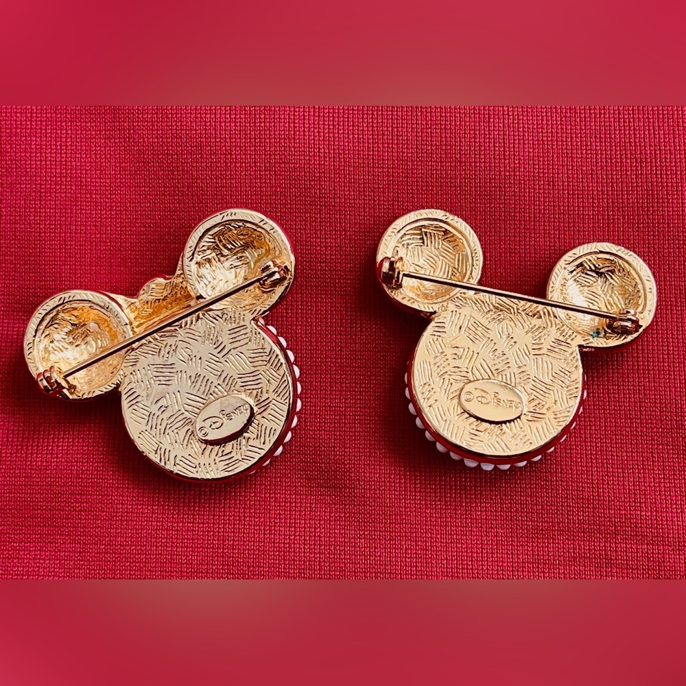 Vintage Disney Mickey & Minnie Mouse 3D icon face Gold Pearl Crystal Brooch Pin - Picture 3 of 4